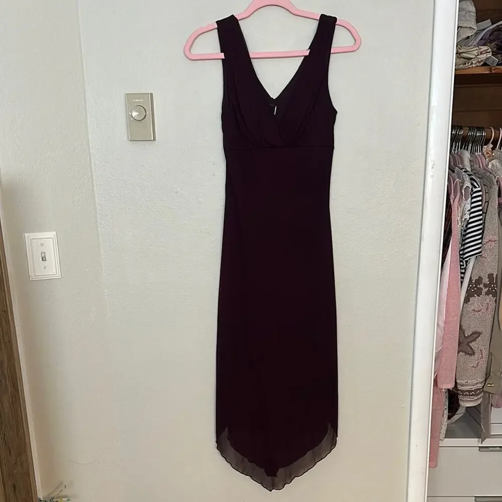 Vintage 90s Eggplant Purple Sheer Midi Dress Windsor Mesh Fairy Grunge Romantic